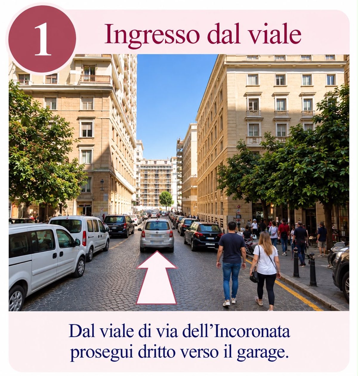 Ingresso dal viale di via dell’Incoronata: prosegui dritto verso il garage